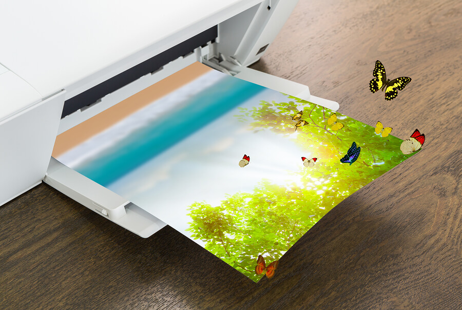 Printer with green leaf and butterfly , Summer time